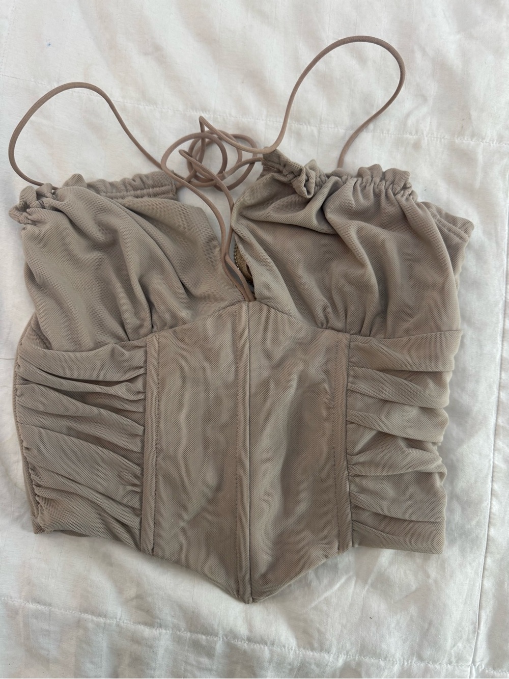 white fox S Ruched Beige Strappy Bustier Top corset crop tan nude